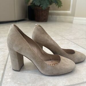 Sam Edelman Womens 7.5M Stillson Suede Leather Block‎ Heel Pumps Tan Beige